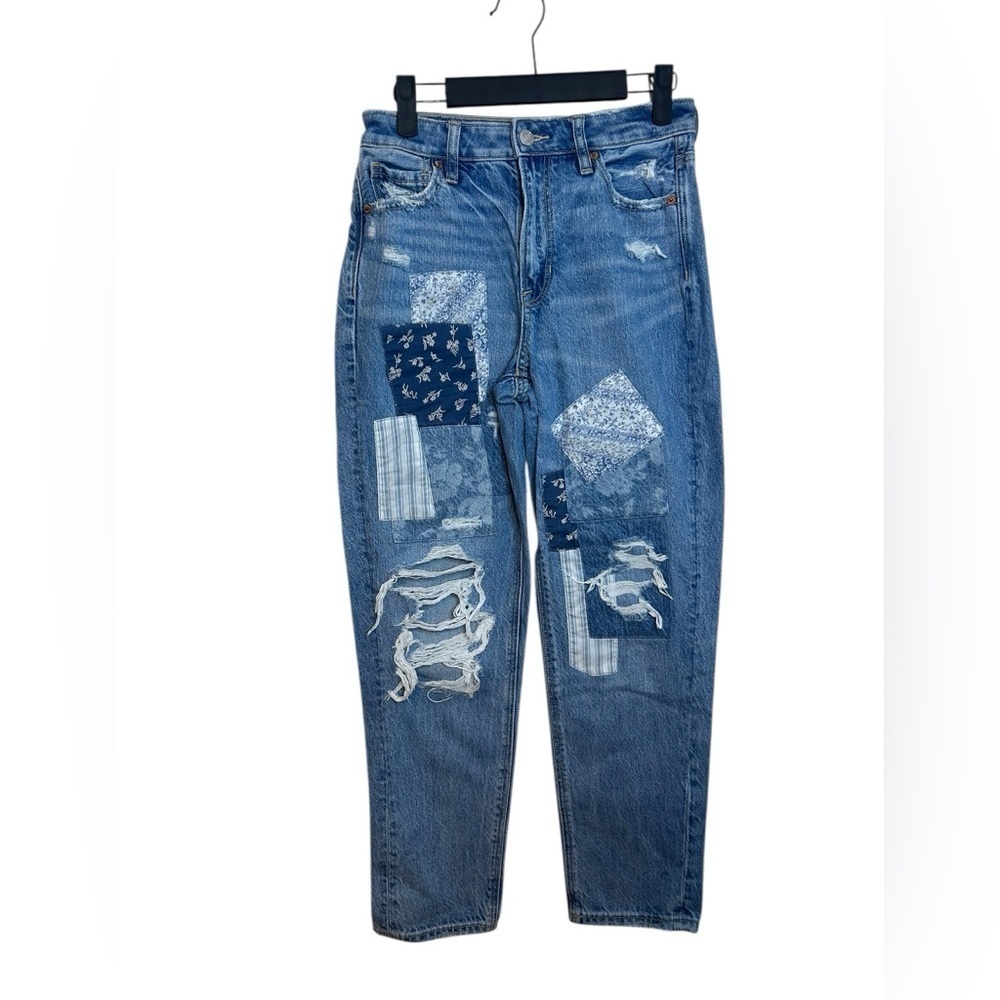 American Eagle Distressed Blue Patchwork Mom Straight Leg Jeans